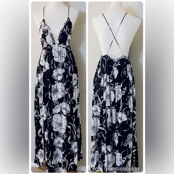 HOMMAGE Black and White Floral Maxi Dress Resortwear Boho Bohemian Vacation - Picture 6 of 6